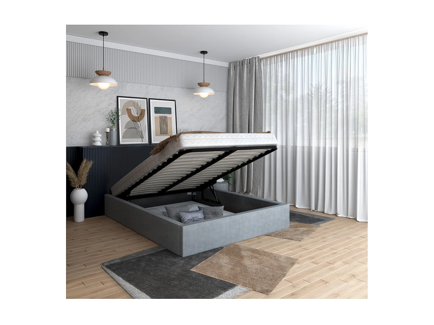 Lit coffre ORLANDO 160x200 - Sommier inclus Gris clair