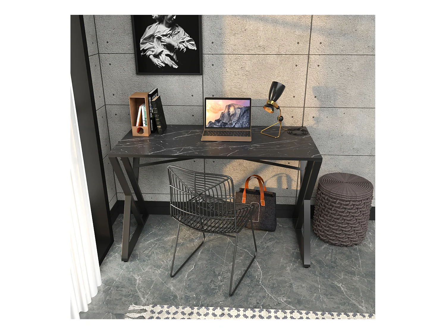 Bureau, Table de bureau, travavil avec le pieds et cadre en métal (Noir et Effet marbre noir)