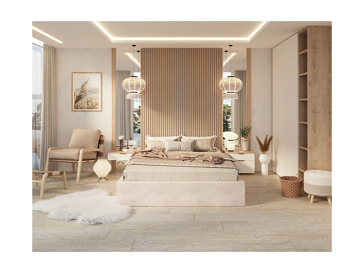 Lit coffre ORLANDO 160x200 - Sommier inclus Crème