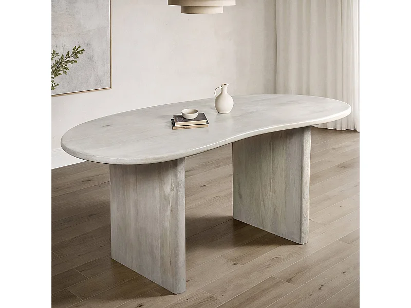 Table Salle à Manger 180x90 cm Bois de Manguier Blanc Design Rétro