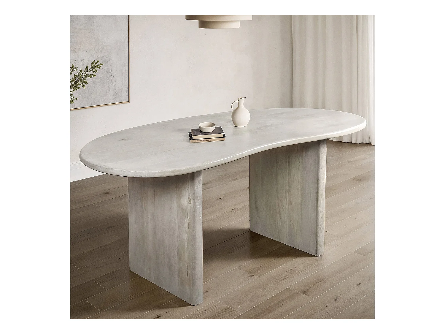 Table Salle à Manger 180x90 cm Bois de Manguier Blanc Design Rétro