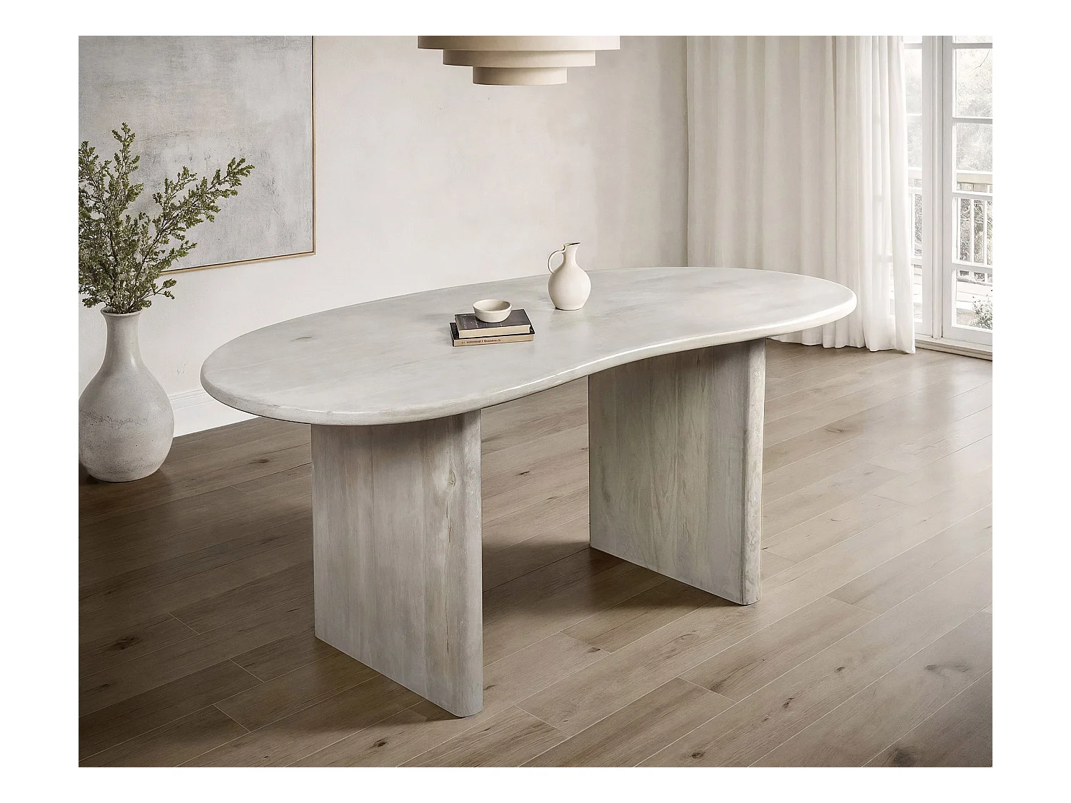 Table Salle à Manger 180x90 cm Bois de Manguier Blanc Design Rétro