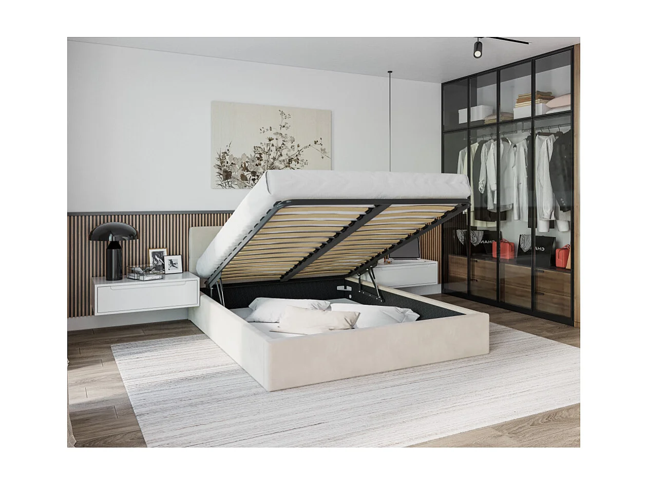 Lit Coffre Rino 140x200 cm - Sommier inclus Crème