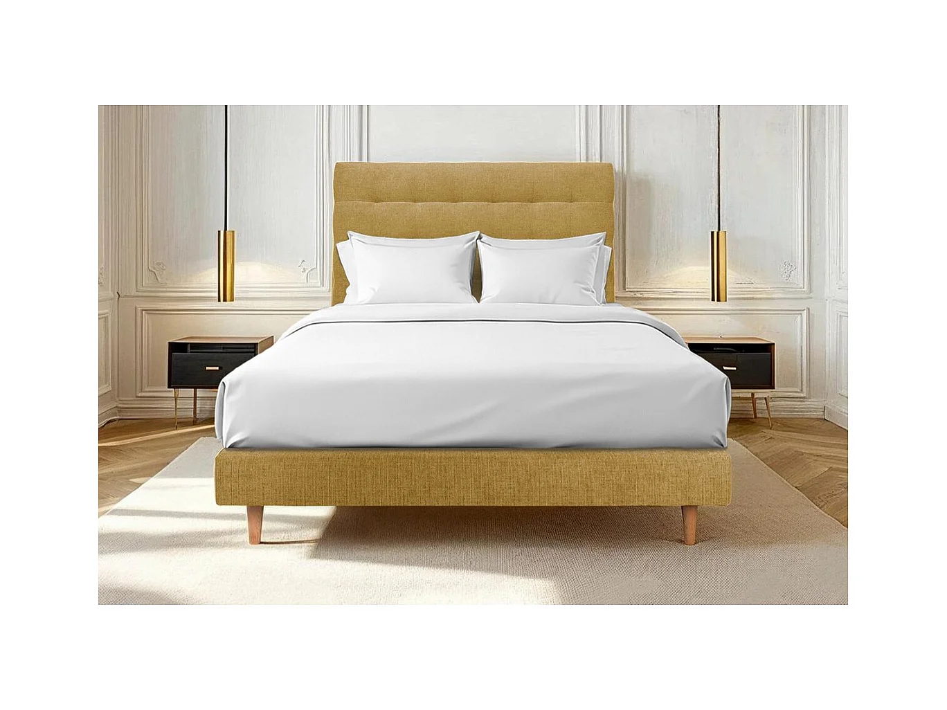 Lit 140x200cm avec tête de lit capitonnée tissu et sommier tapissier jaune - Hauteur totale : 29cm