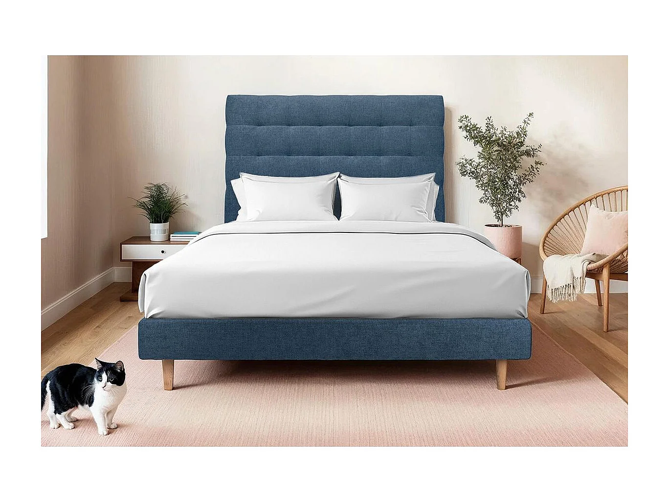 Lit 140x200cm avec tête de lit capitonnée tissu et sommier tapissier Bleu - Hauteur totale : 29cm