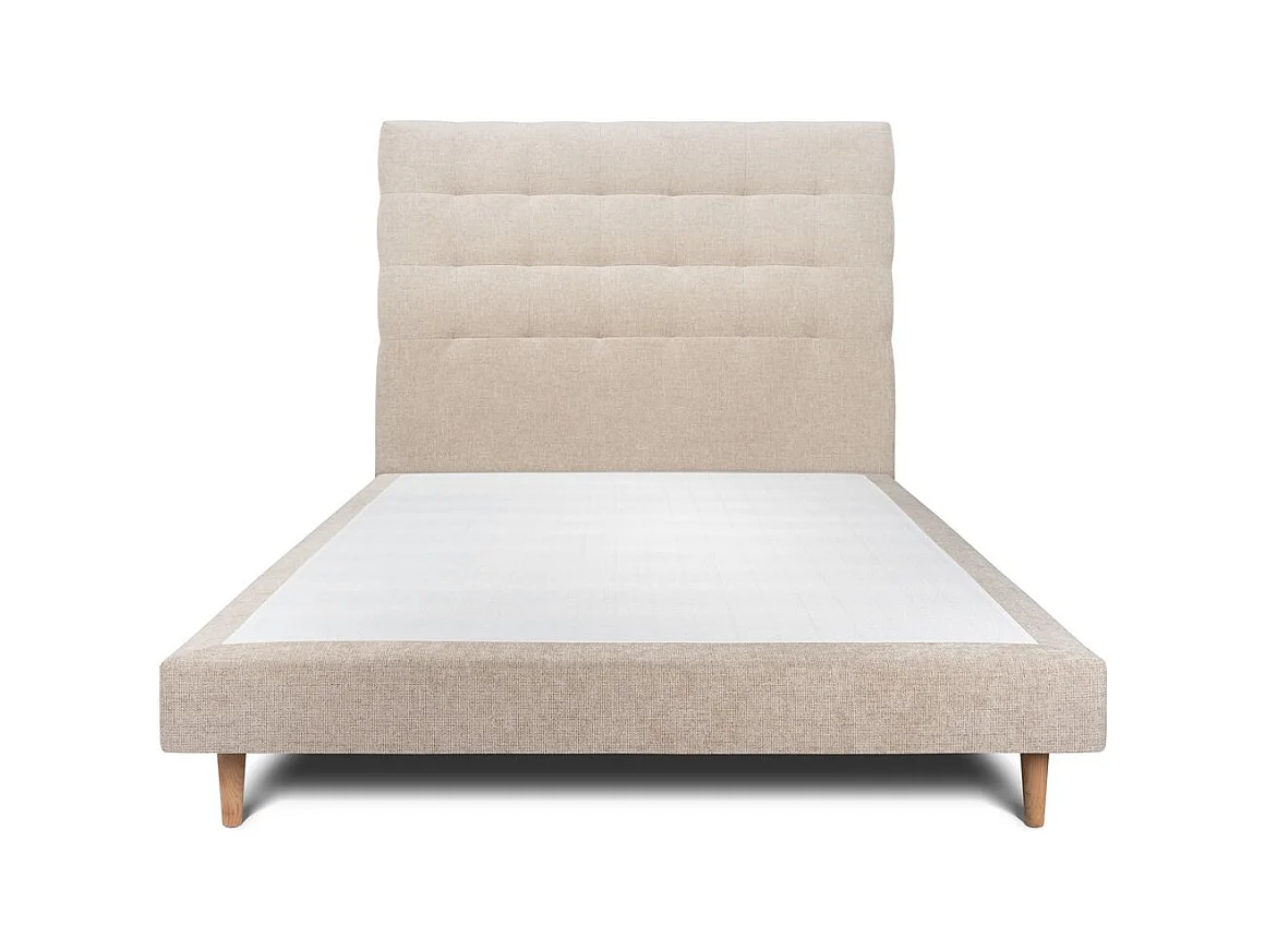 Lit 140x200cm avec tête de lit capitonnée tissu et sommier tapissier beige brun - Hauteur totale : 29cm
