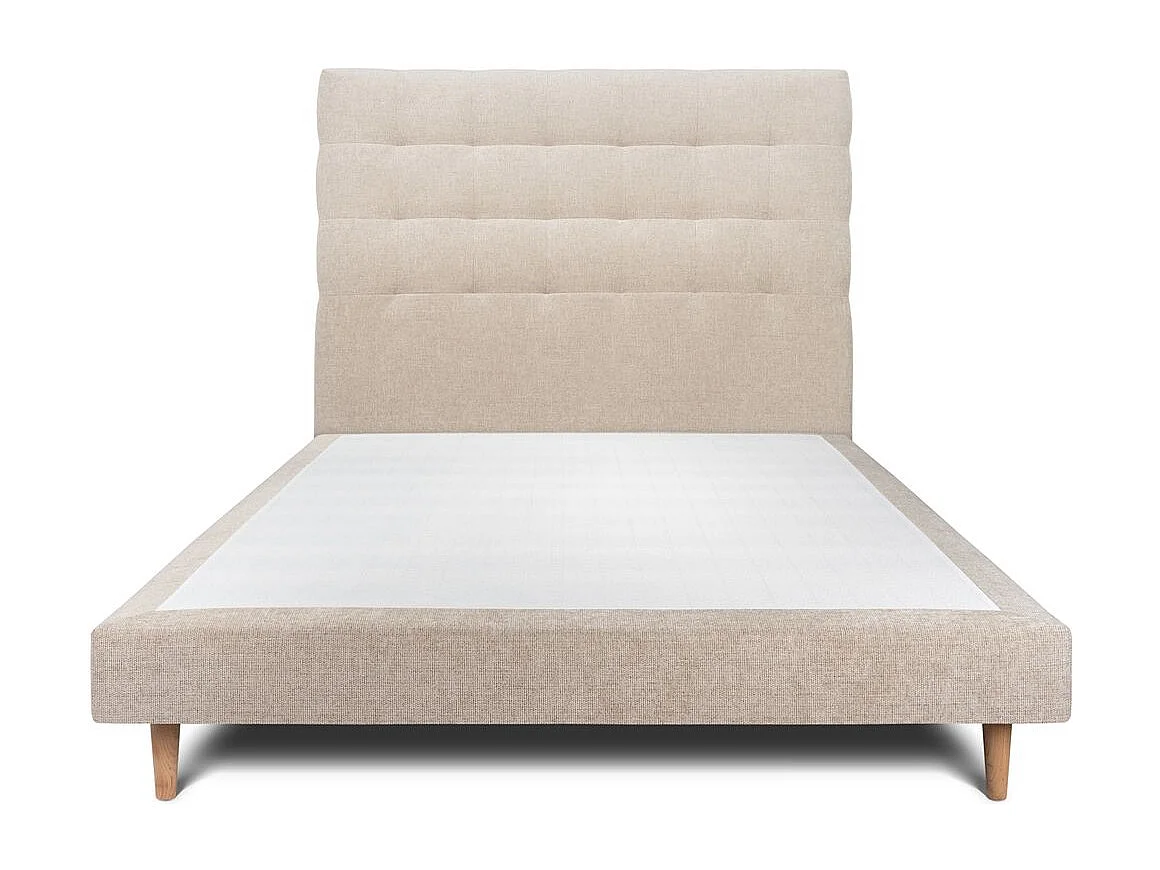 Lit 140x200cm avec tête de lit capitonnée tissu et sommier tapissier beige brun - Hauteur totale : 29cm