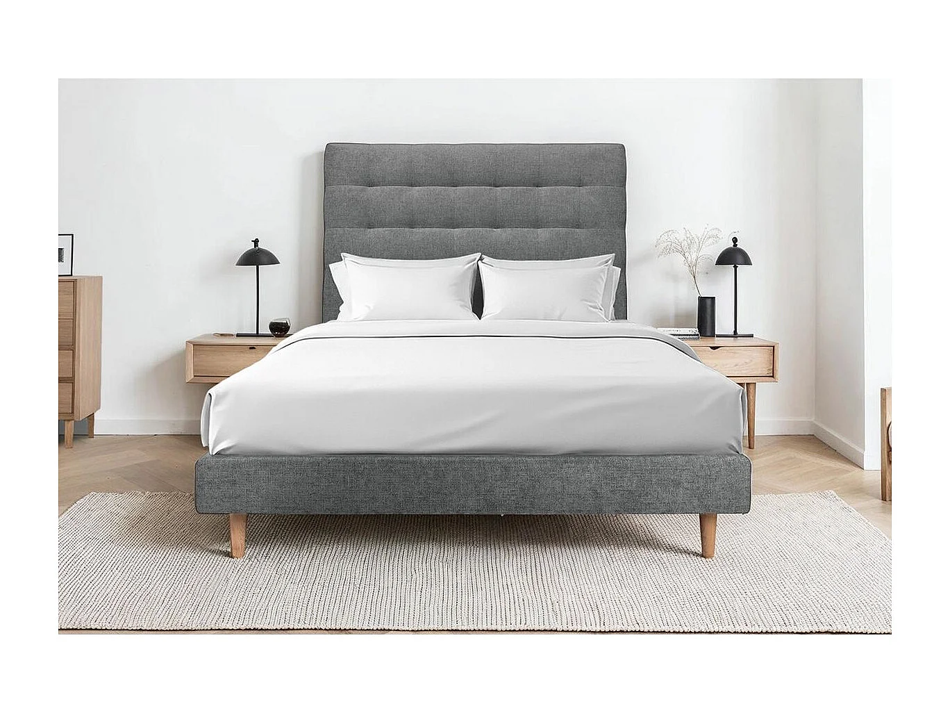 Lit 140x200cm avec tête de lit capitonnée tissu et sommier tapissier gris anthracite - Hauteur totale : 29cm