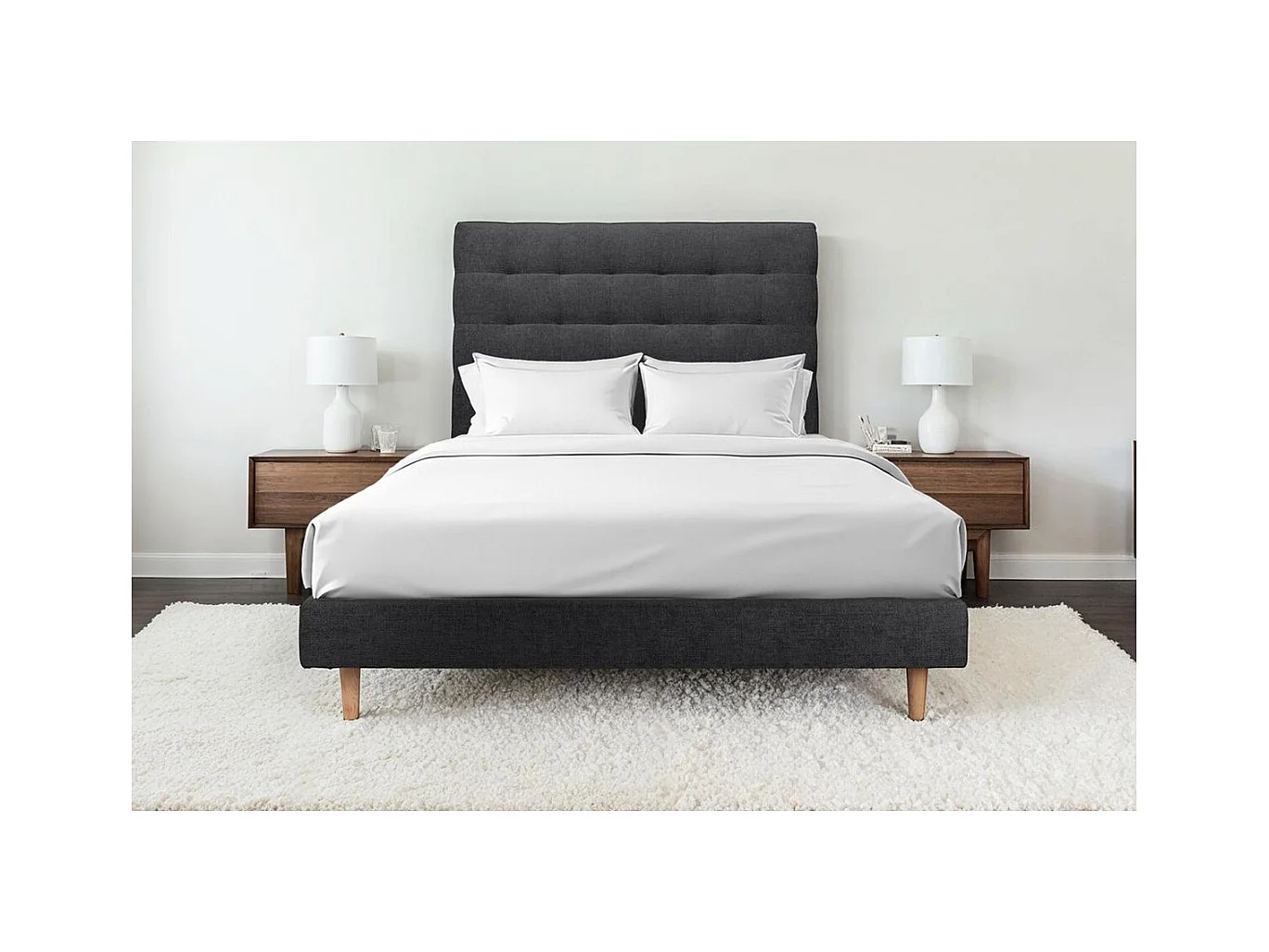 Lit 140x200cm avec tête de lit capitonnée tissu et sommier tapissier Noir - Hauteur totale : 29cm