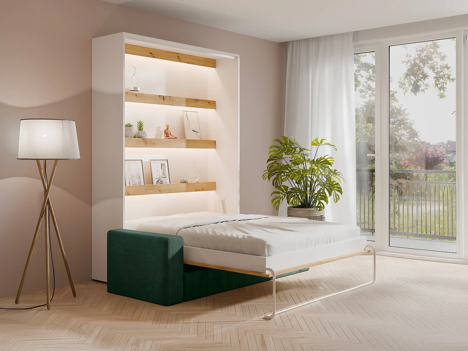 Lit escamotable 140 x 200 cm - Ouverture verticale manuelle - Avec LEDs - Blanc et naturel + Canapé Vert - RAPILI