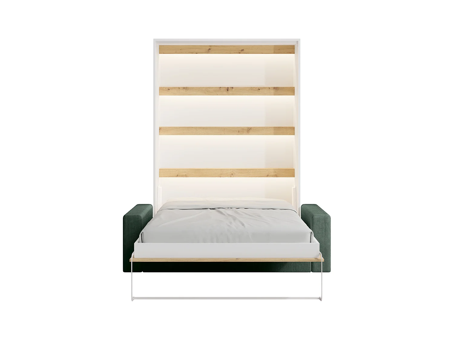 Nedfällbar säng 140 x 200 cm - Manuell vertikal öppning - Med LEDs - Vit och naturlig + Grön soffa - RAPILI