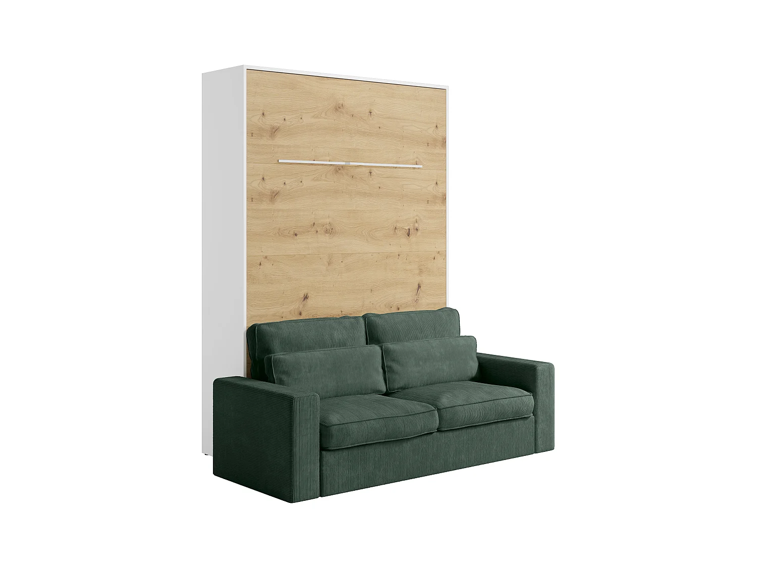 Nedfällbar säng 140 x 200 cm - Manuell vertikal öppning - Med LEDs - Vit och naturlig + Grön soffa - RAPILI