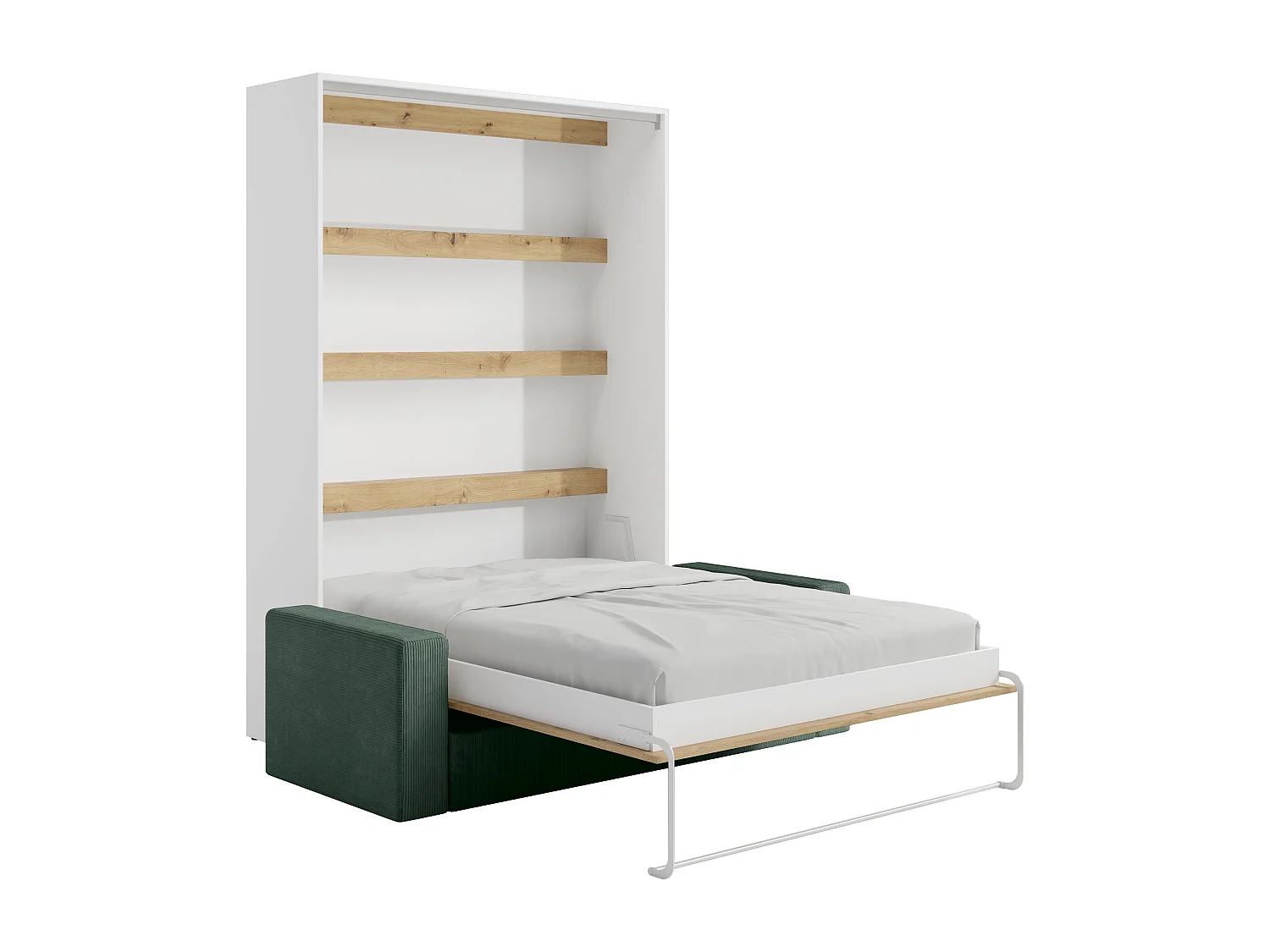 Lit escamotable 140 x 200 cm - Ouverture verticale manuelle - Avec LEDs - Blanc et naturel + Canapé Vert - RAPILI