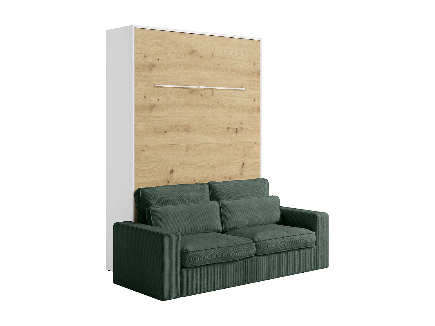 Lit escamotable 140 x 200 cm - Ouverture verticale manuelle - Avec LEDs - Blanc et naturel + Canapé Vert - RAPILI