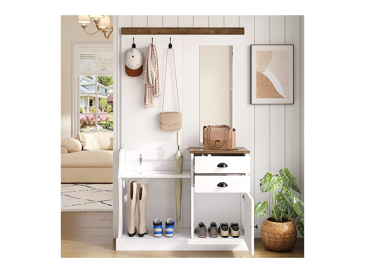 Garderobenset mit  Spiegel Haken Schubladen und Schirmständer Flurgarderobe Wandgarderoben-Set 110.5 L x 38 B x 191 H Weiß
