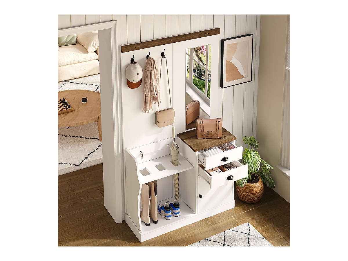 Garderobenset mit  Spiegel Haken Schubladen und Schirmständer Flurgarderobe Wandgarderoben-Set 110.5 L x 38 B x 191 H Weiß