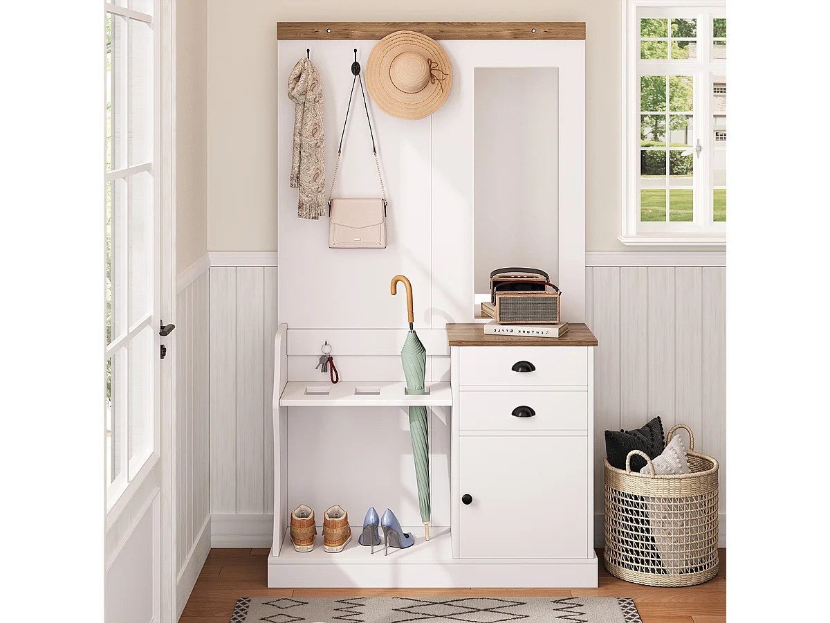 Garderobenset mit  Spiegel Haken Schubladen und Schirmständer Flurgarderobe Wandgarderoben-Set 110.5 L x 38 B x 191 H Weiß