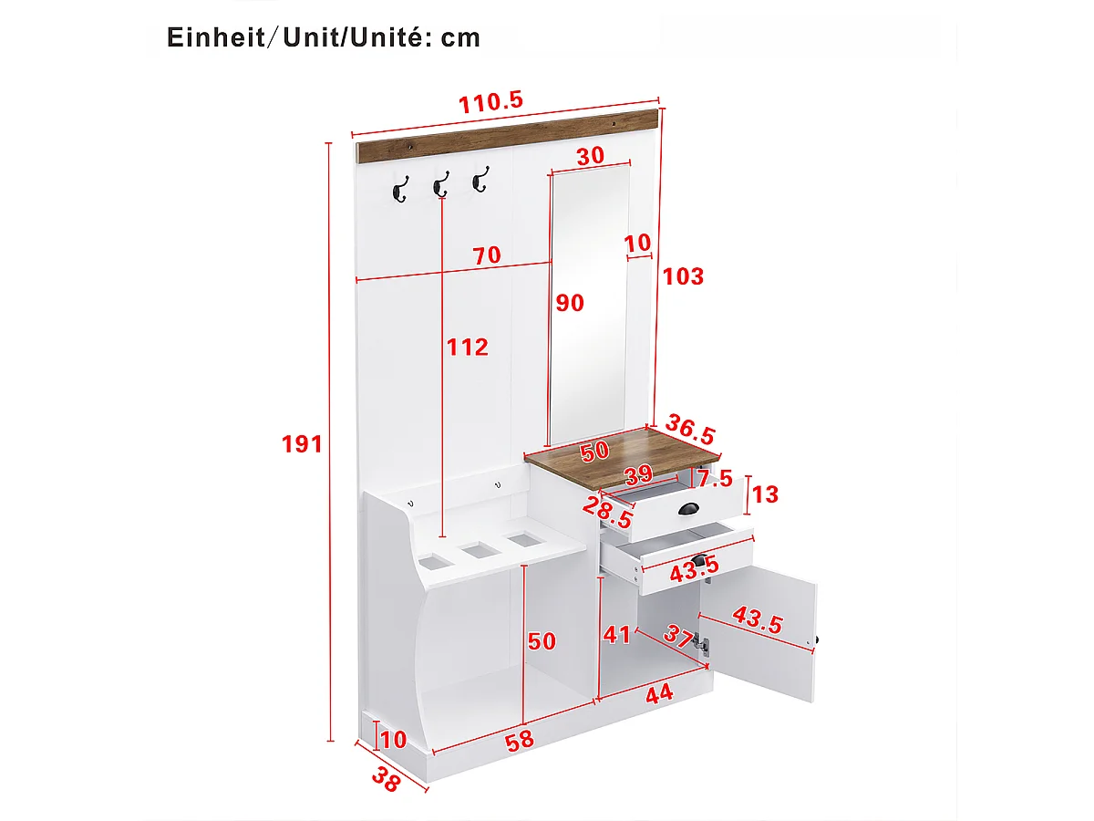 Garderobenset mit  Spiegel Haken Schubladen und Schirmständer Flurgarderobe Wandgarderoben-Set 110.5 L x 38 B x 191 H Weiß