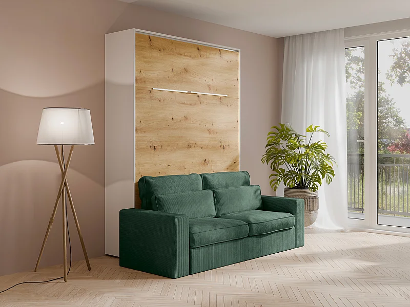 Letto estraibile 140 x 200 cm - Apertura verticale manuale Con LED Bianco e naturale + Materasso + Divano Verde - RAPILI