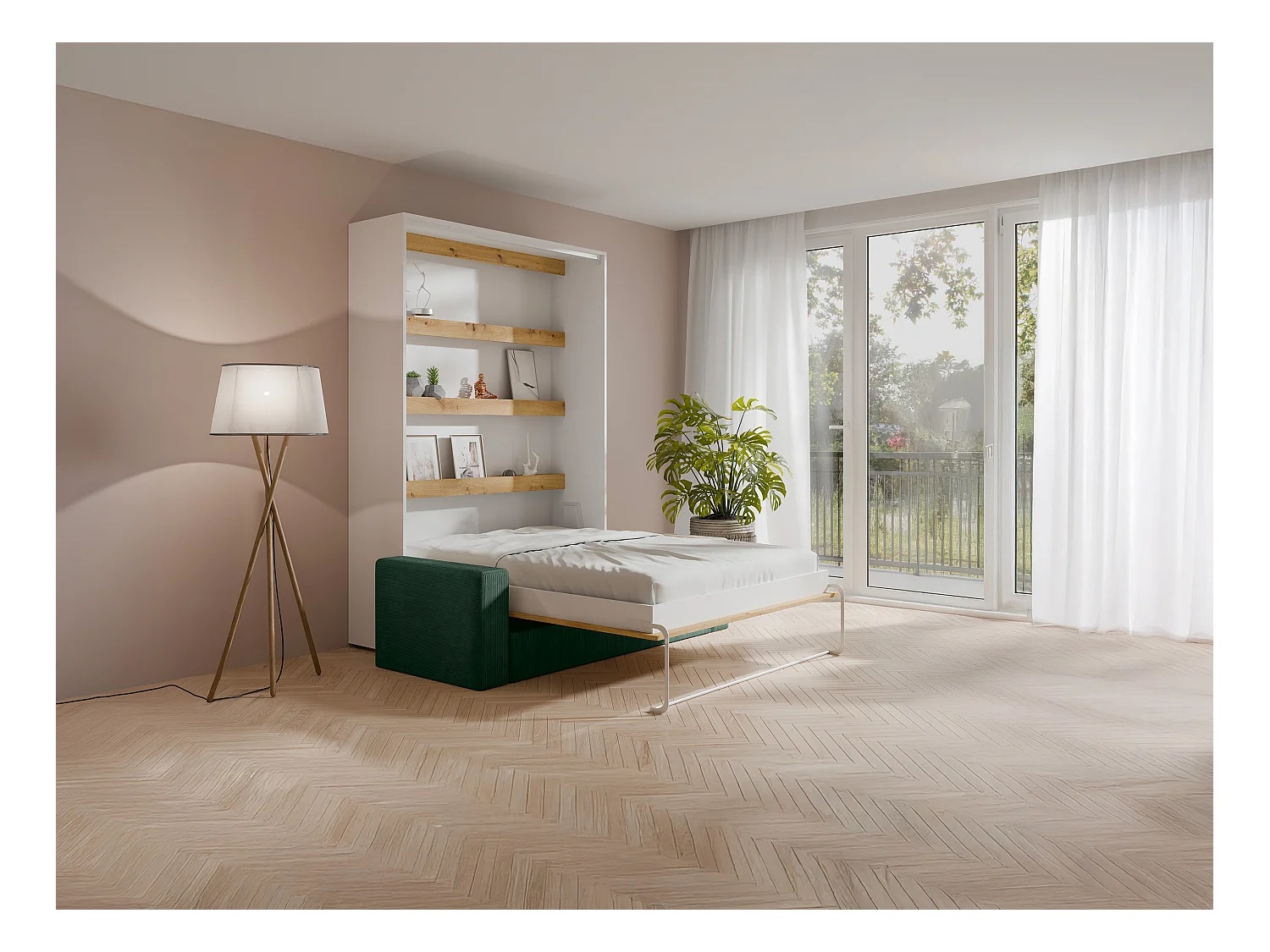 Infällbar säng 140 x 200 cm - Manuell vertikal öppning - Med LED-belysning - Vit och natur + Madrass + Grön soffa - RAPILI