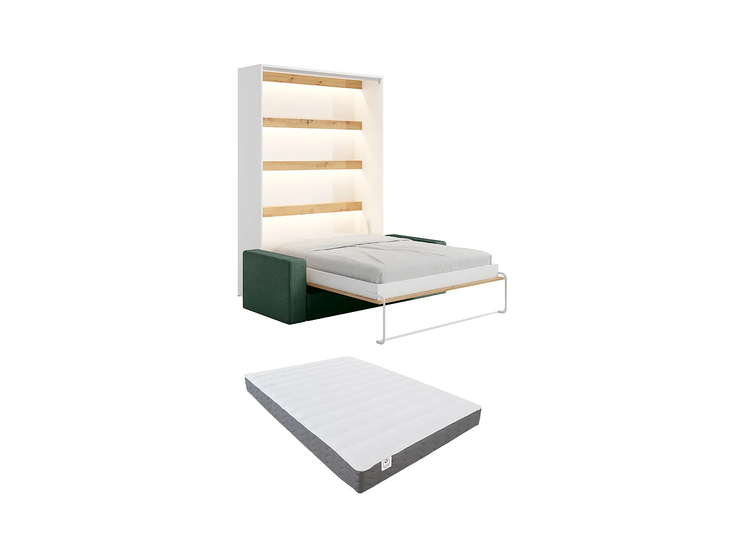 Infällbar säng 140 x 200 cm - Manuell vertikal öppning - Med LED-belysning - Vit och natur + Madrass + Grön soffa - RAPILI