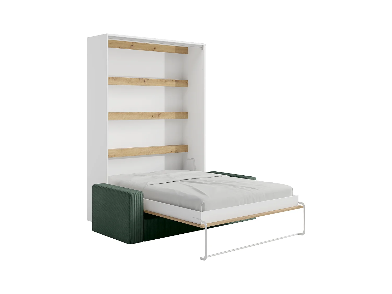 Infällbar säng 140 x 200 cm - Manuell vertikal öppning - Med LED-belysning - Vit och natur + Madrass + Grön soffa - RAPILI