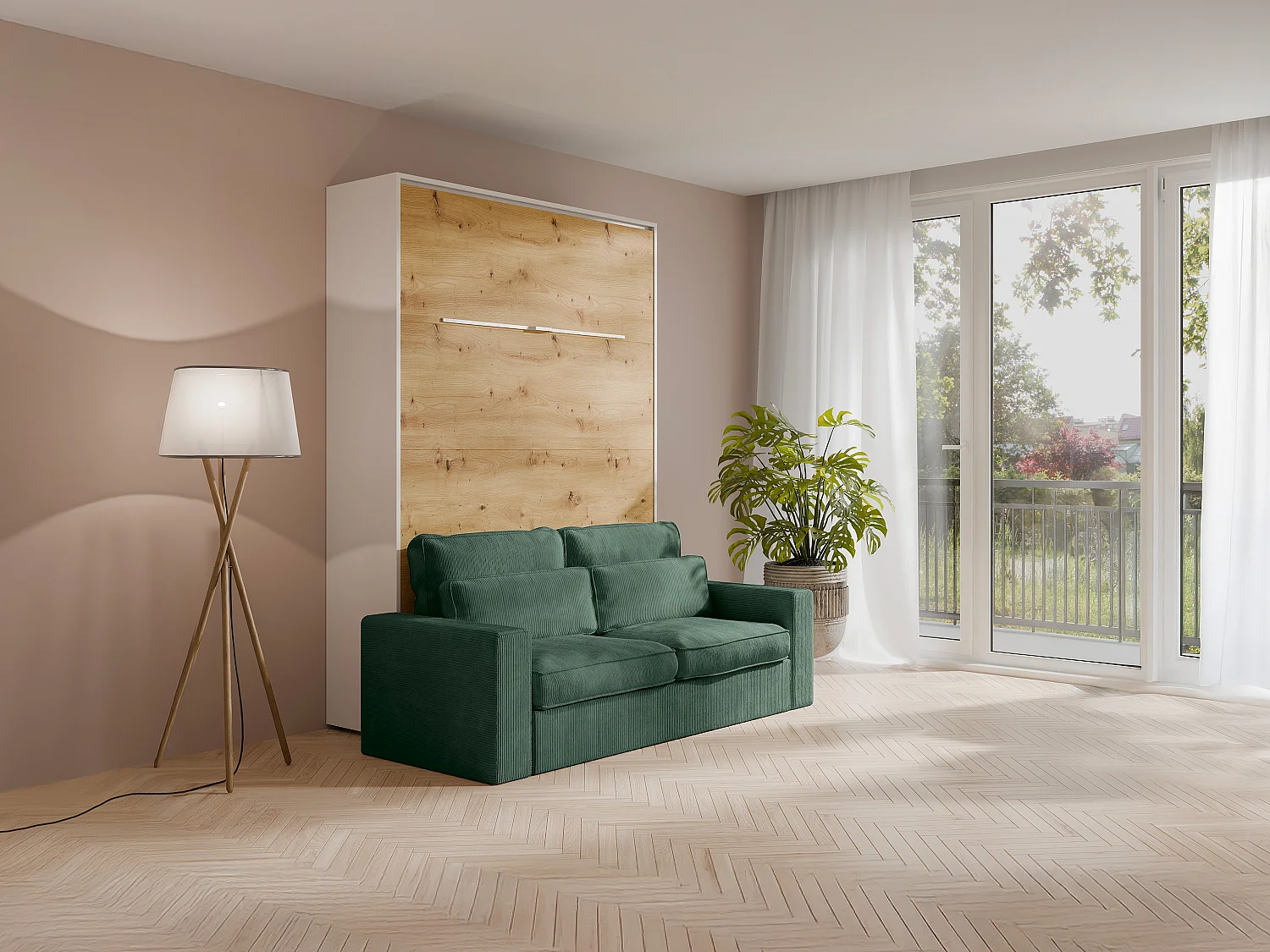 Veggmontert skapseng 140 x 200 cm - Vertikal manuell åpning - Med LED-lys - Hvit og naturlig + Madrass + Grønn sofa - RAPILI