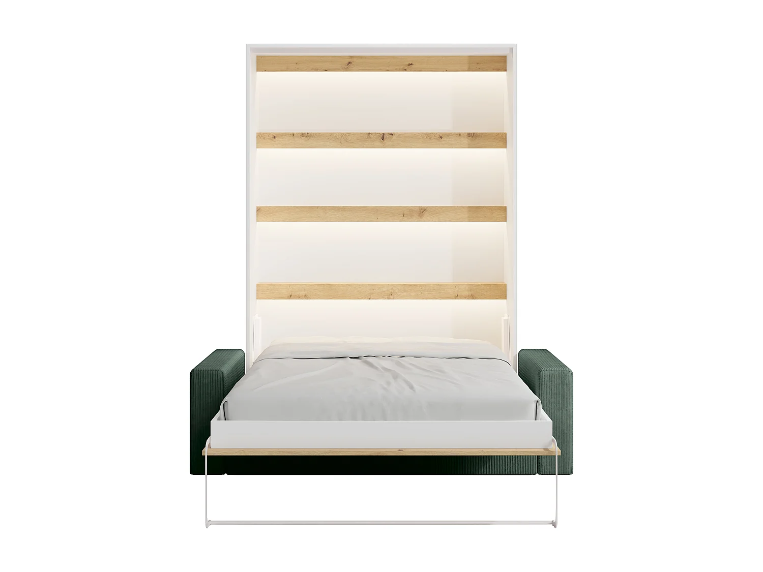 Veggmontert skapseng 140 x 200 cm - Vertikal manuell åpning - Med LED-lys - Hvit og naturlig + Madrass + Grønn sofa - RAPILI