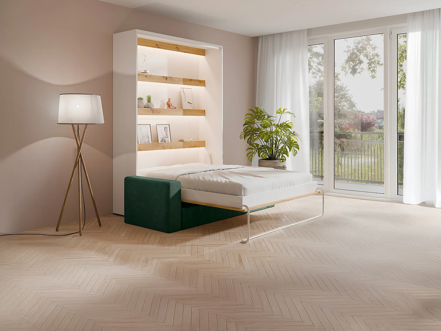 Veggmontert skapseng 140 x 200 cm - Vertikal manuell åpning - Med LED-lys - Hvit og naturlig + Madrass + Grønn sofa - RAPILI