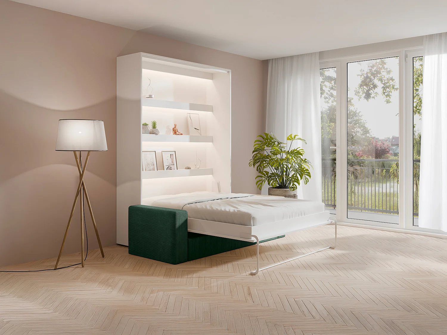 Lit escamotable 140 x 200 cm - Ouverture verticale manuelle - Avec LEDs - Blanc + Canapé Vert - RAPILI