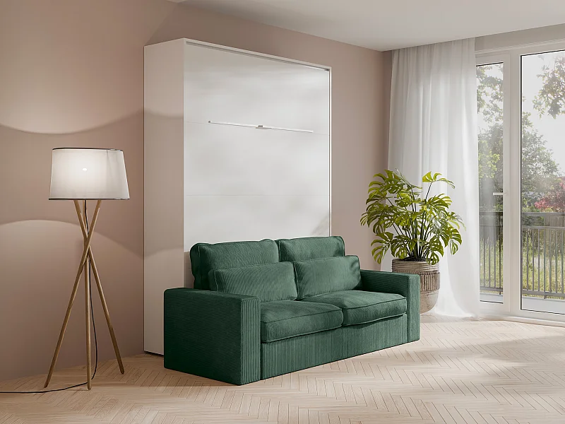 Letto estraibile 140 x 200 cm - Apertura verticale manuale Con LED Bianco + Materasso + Divano Verde - RAPILI