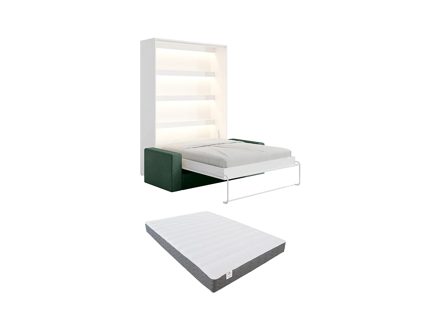 Nedfällbar säng 140 x 200 cm - Manuell vertikal öppning - Med LEDs - Vit + Madrass + Grön soffa - RAPILI