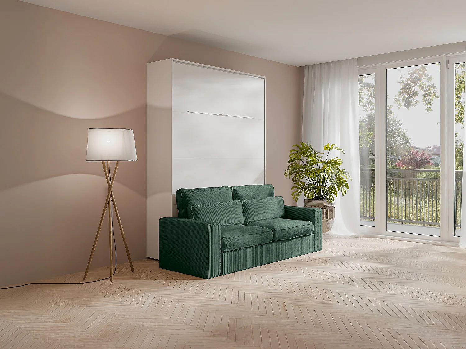 Lit escamotable 140 x 200 cm - Ouverture verticale manuelle - Avec LEDs - Blanc + Matelas + Canapé Vert - RAPILI