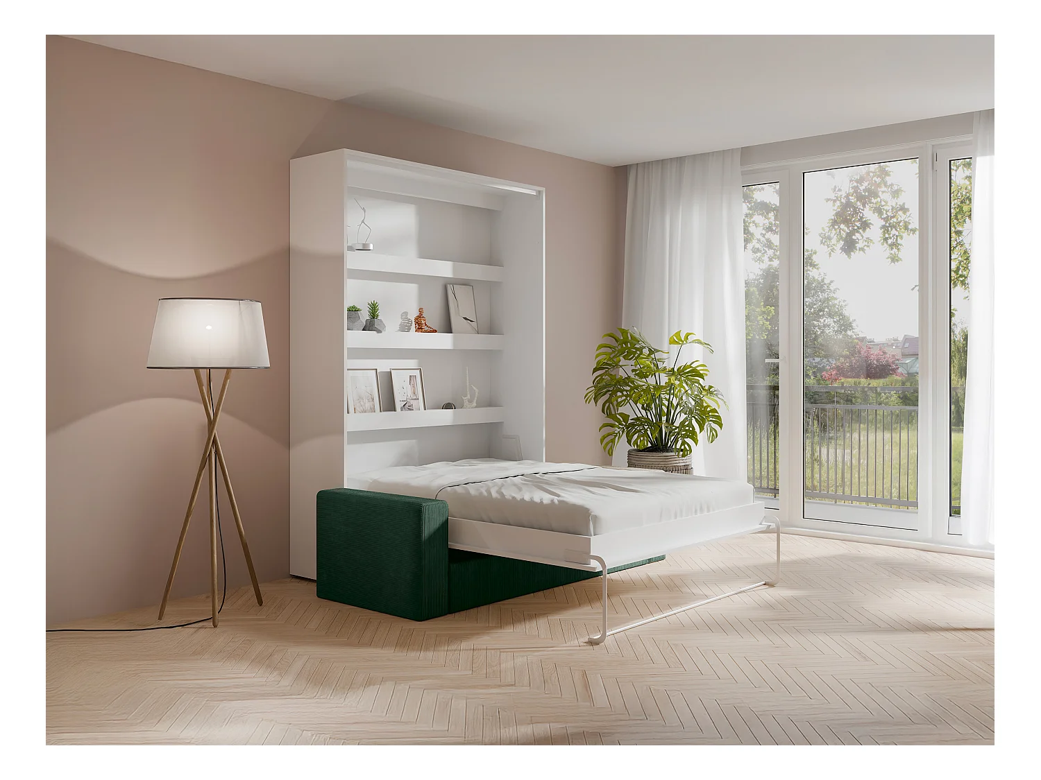 Nedfällbar säng 140 x 200 cm - Manuell vertikal öppning - Med LEDs - Vit + Madrass + Grön soffa - RAPILI