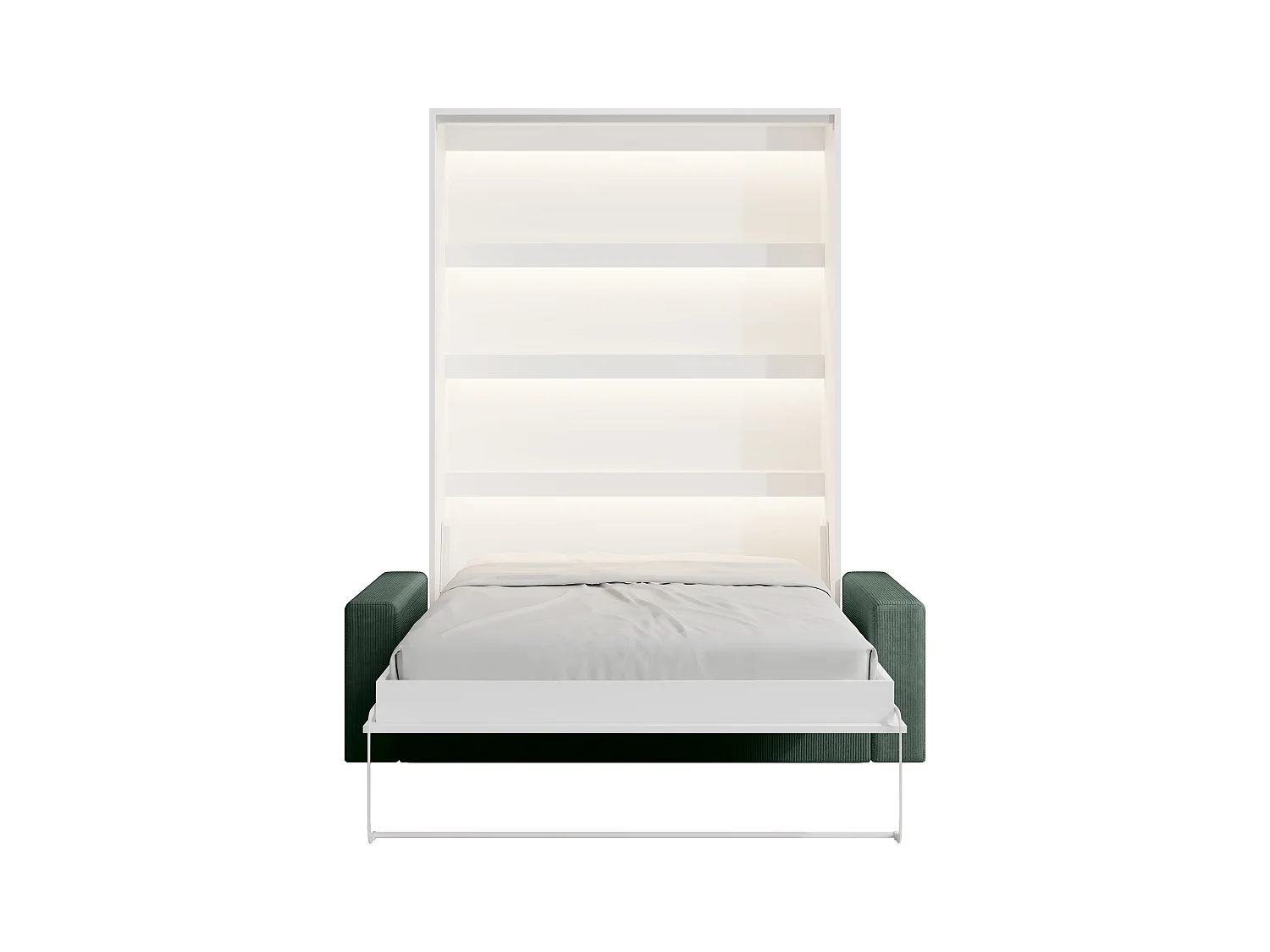 Nedfällbar säng 140 x 200 cm - Manuell vertikal öppning - Med LEDs - Vit + Madrass + Grön soffa - RAPILI