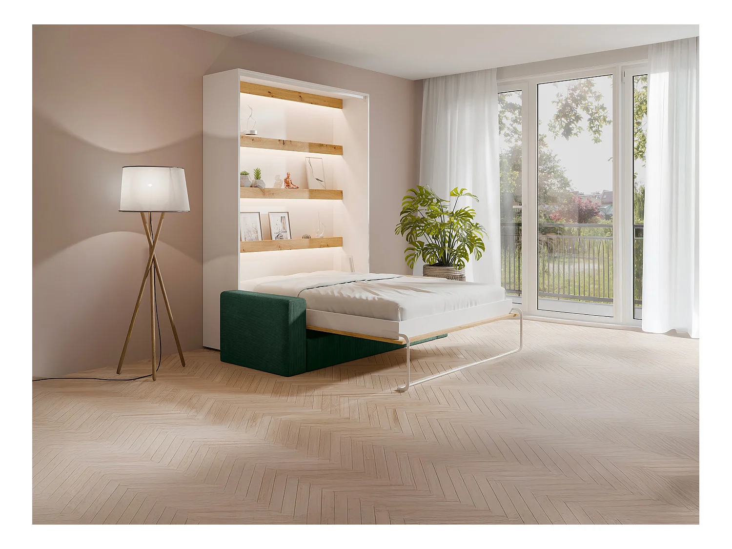 Nedfällbar säng 140 x 200 cm - Manuell vertikal öppning - Med LEDs - Vit + Madrass + Grön soffa - RAPILI
