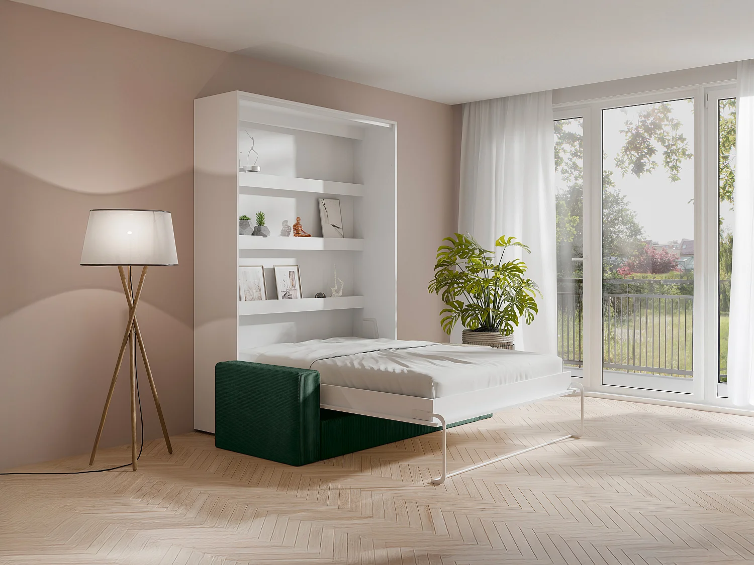 Veggmontert seng 140 x 200 cm - Manuell vertikal åpning - Med LED-lys - Hvit + Madrass + Grønn sofa - RAPILI