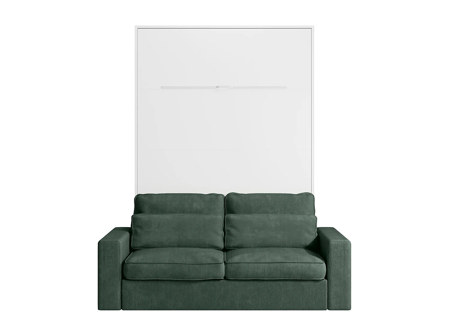 Veggmontert seng 140 x 200 cm - Manuell vertikal åpning - Med LED-lys - Hvit + Madrass + Grønn sofa - RAPILI