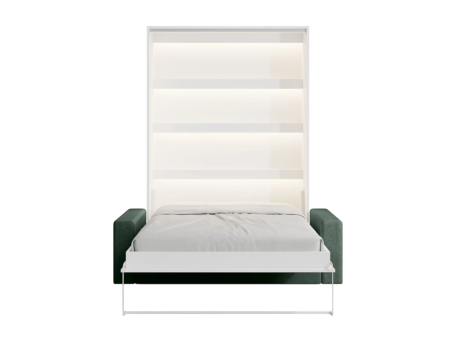 Veggmontert seng 140 x 200 cm - Manuell vertikal åpning - Med LED-lys - Hvit + Madrass + Grønn sofa - RAPILI