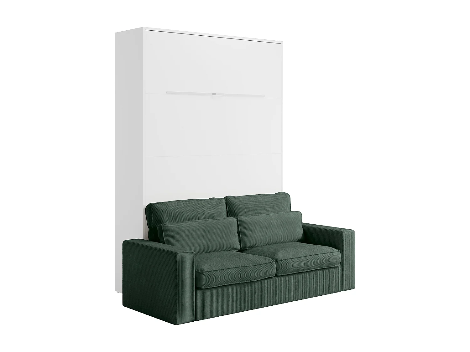 Veggmontert seng 140 x 200 cm - Manuell vertikal åpning - Med LED-lys - Hvit + Madrass + Grønn sofa - RAPILI