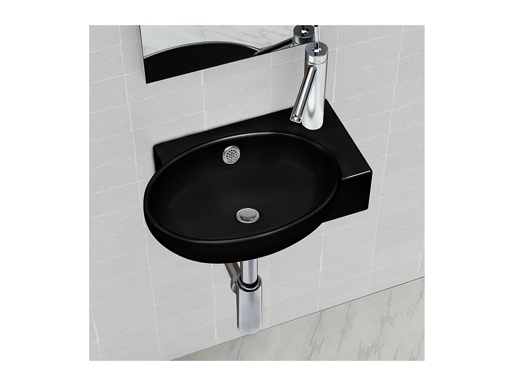 Lavabo salle de bain-Vasque à trou de trop-plein/robinet céramique pour salle de bain Noir