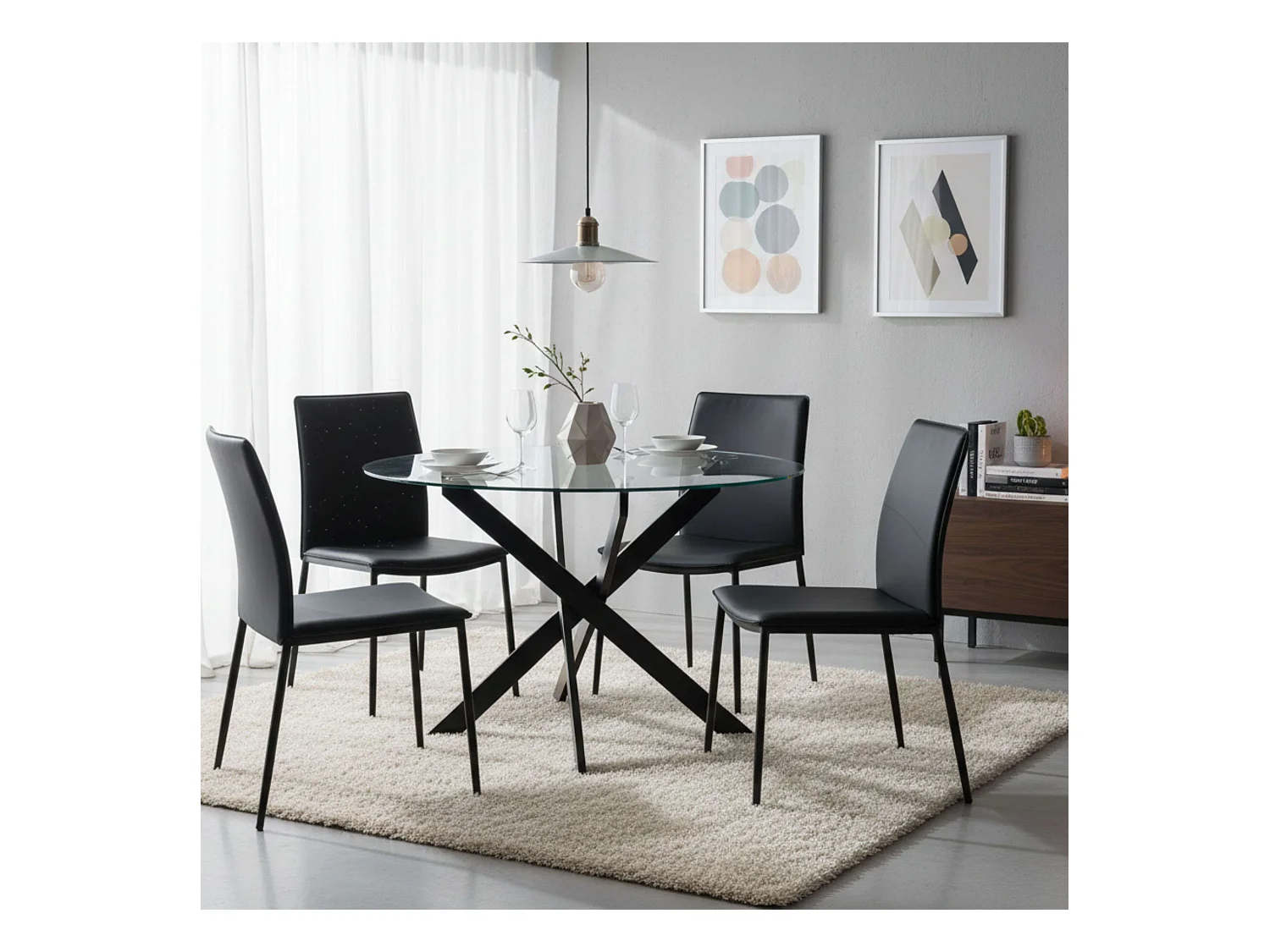 Mesa Comedor Crest Moderna Negro Cristal Metal 113.5 cm