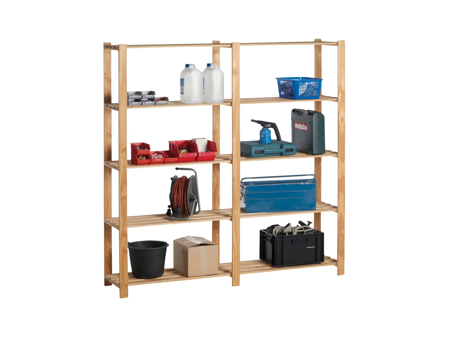 Étagère double en bois – 5 tablettes – 175 × 175 × 40 cm – charge maximale 250 kg