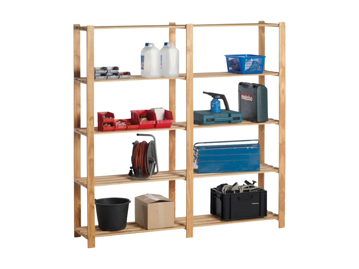 Étagère double en bois – 5 tablettes – 175 × 175 × 40 cm – charge maximale 250 kg