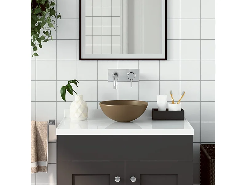 Lavabo salle de bain-Vasque à poser Céramique Crème mat Rond