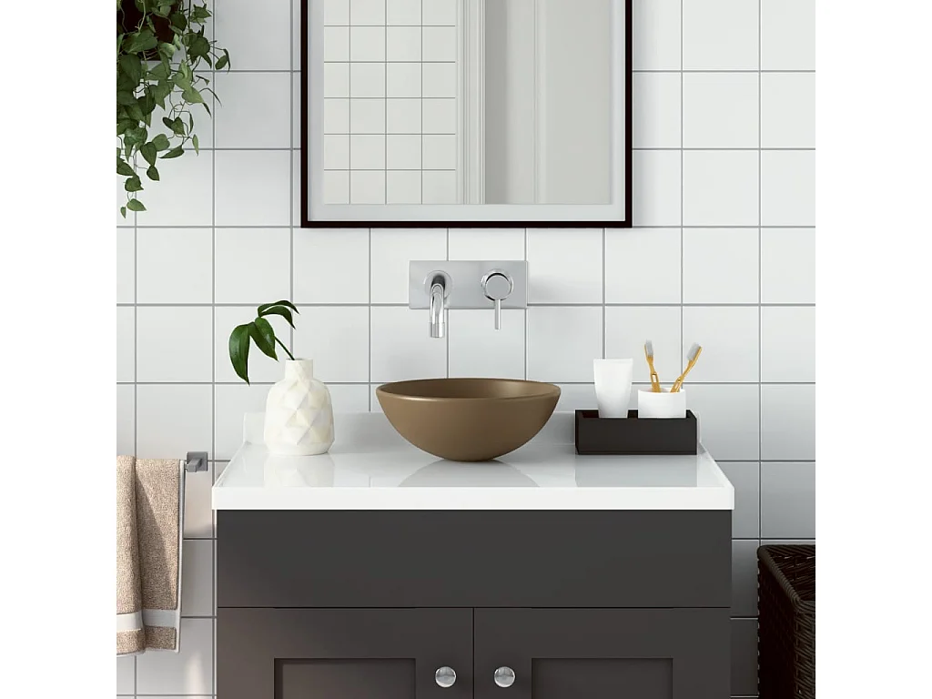 Lavabo salle de bain-Vasque à poser Céramique Crème mat Rond