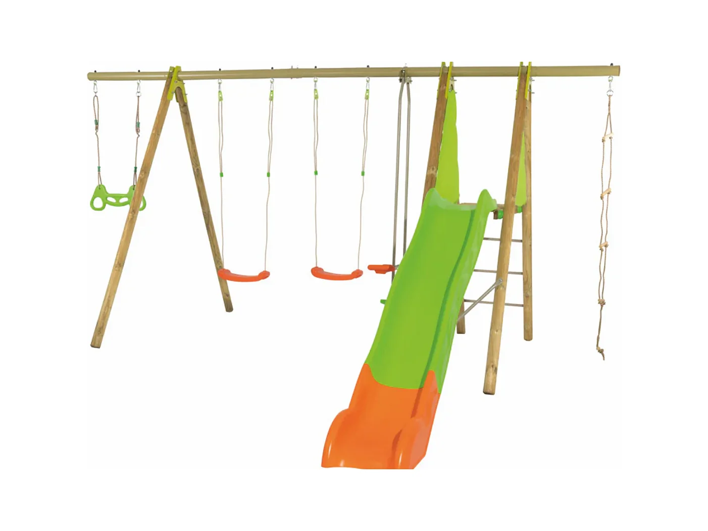 Speeltuin Makuta: Schommel met 5 activiteiten, glijbaan en platform (2,30 m) - Hout en metaal