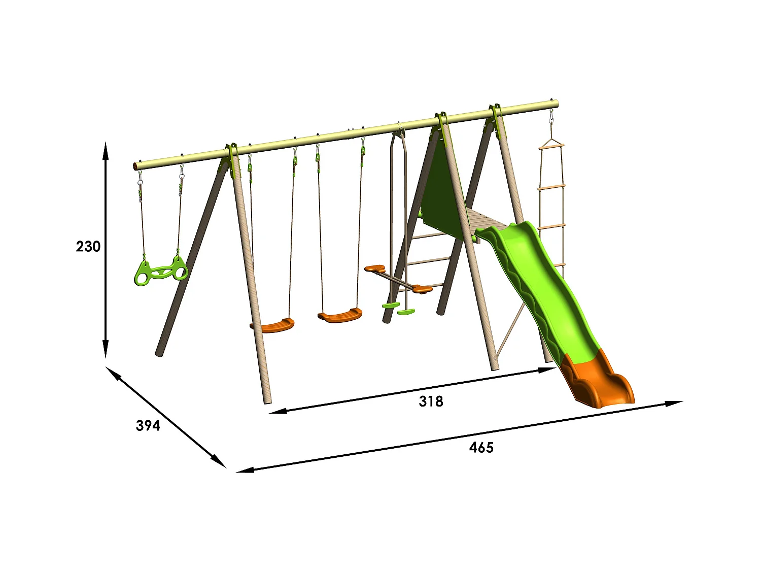 Speeltuin Makuta: Schommel met 5 activiteiten, glijbaan en platform (2,30 m) - Hout en metaal