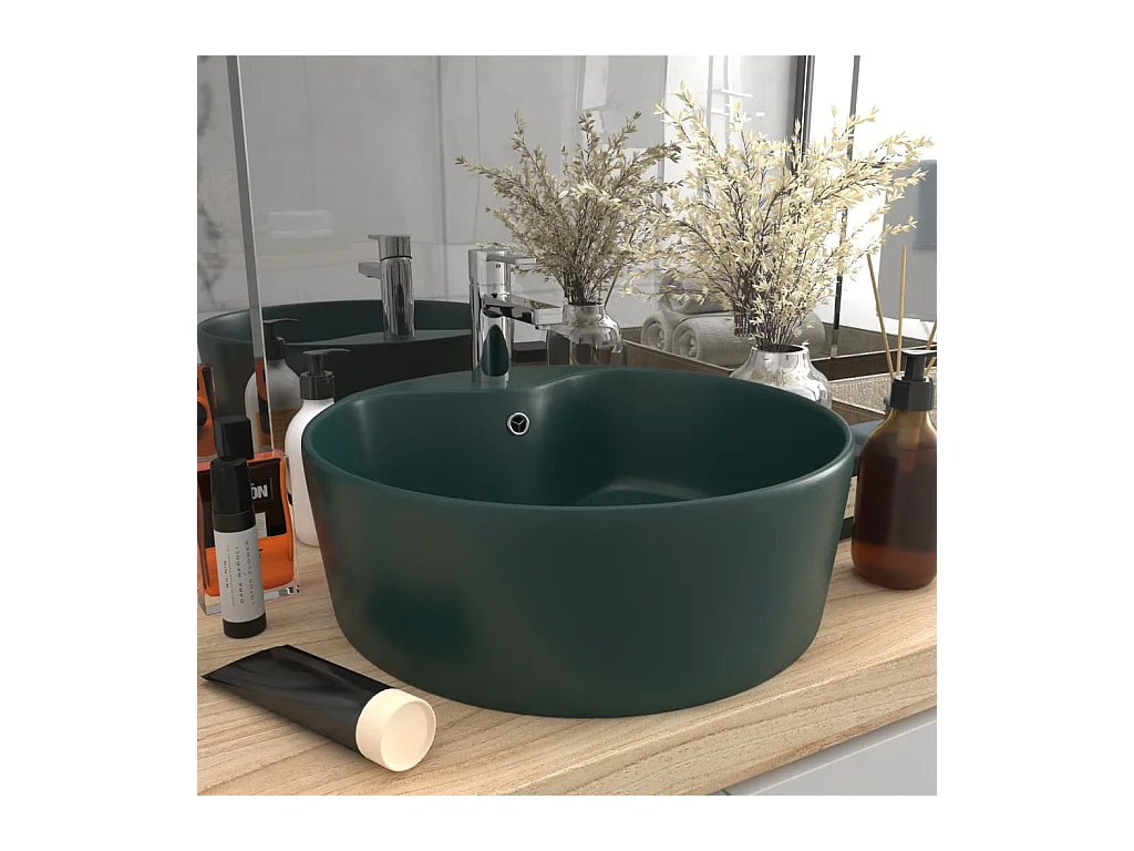 Lavabo salle de bain-Lavabo de luxe avec trop-plein Vert foncé mat 36x13cm Céramique
