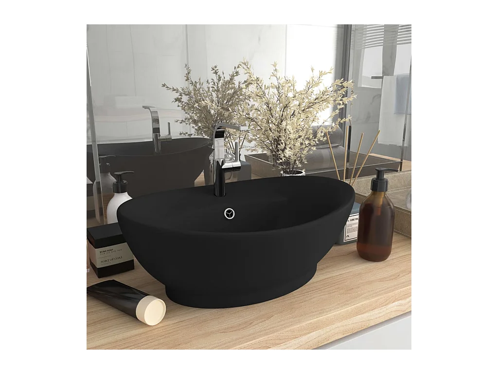 Lavabo | Vasque à poser | Bac à laver ovale de luxe à trop-plein Noir mat 58,5x39 cm Céramique